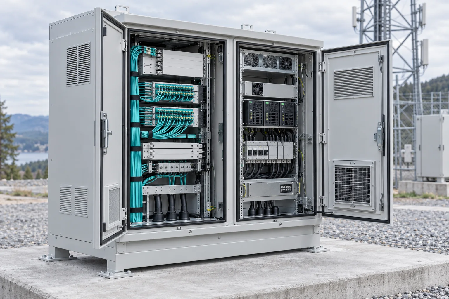 Open outdoor telecom cabinet with organized fiber and power equipment
